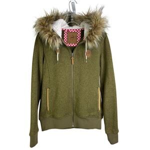 Alprausch Jacket‎ Womens L Olive Green Faux Fur Hoodie Euro hiking Swiss Made